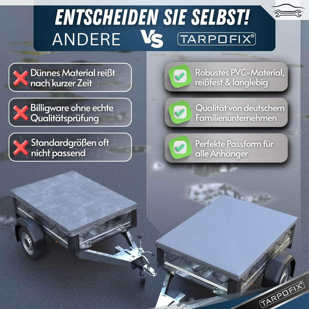 Tarpofix® Anhängerplane Flachplane 2075x1140x100 mm inkl. Planenseil - ECHTES PVC PLANENMATERIAL - E