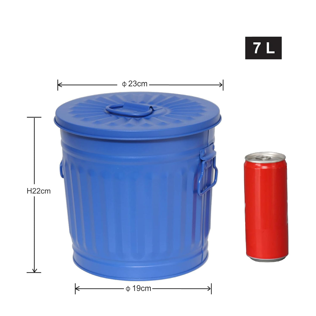 Kinderzimmer Mülleimer kleiner Metalleimer mit Deckel retro | Blau | Ø 21,5 cm, Höhe 21,5 cm, 7 Lite