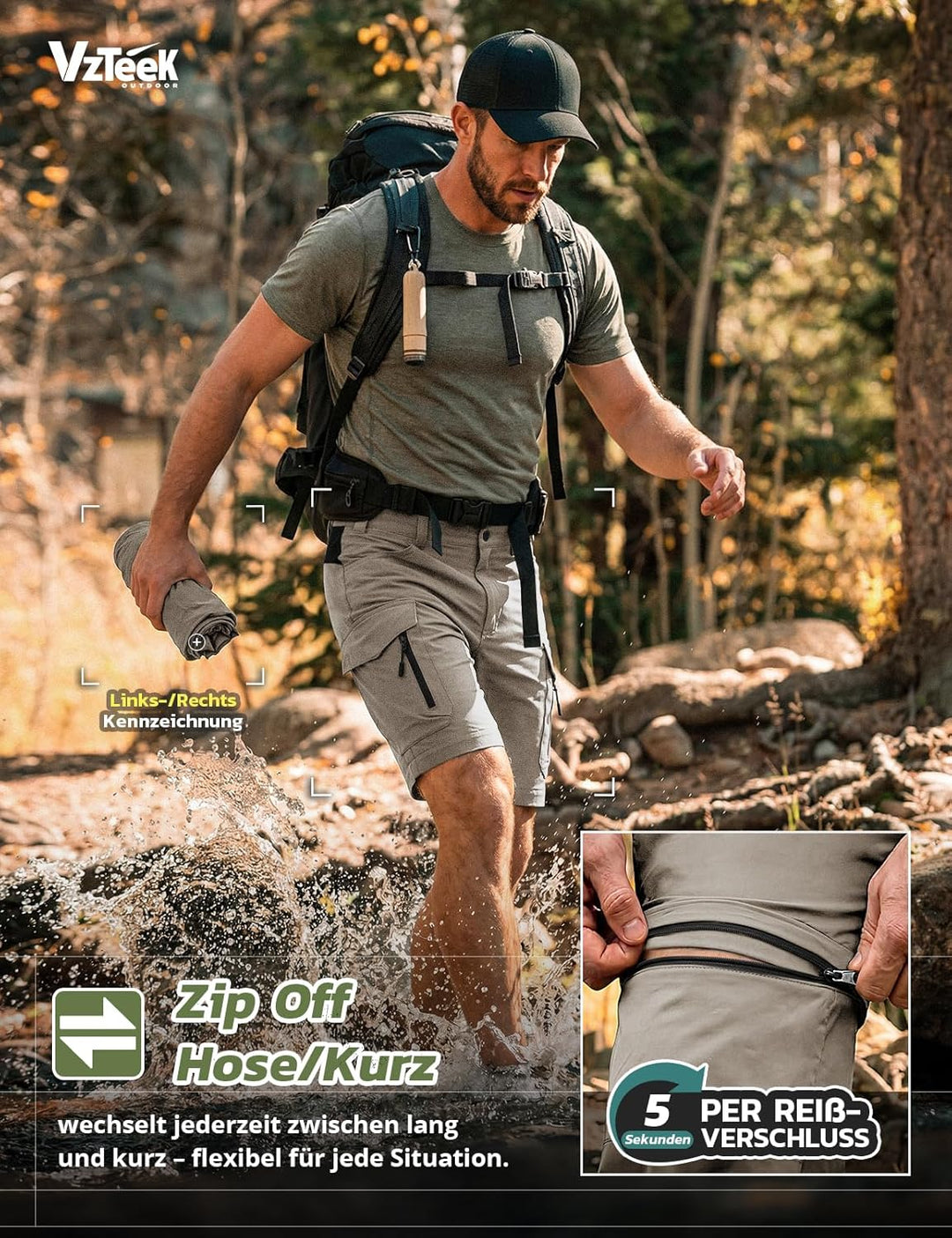 Vzteek Herren Wanderhose Zip Off Trekkinghose Outdoorhose Sommer Softshell Stretch Hose Kurz für Wan