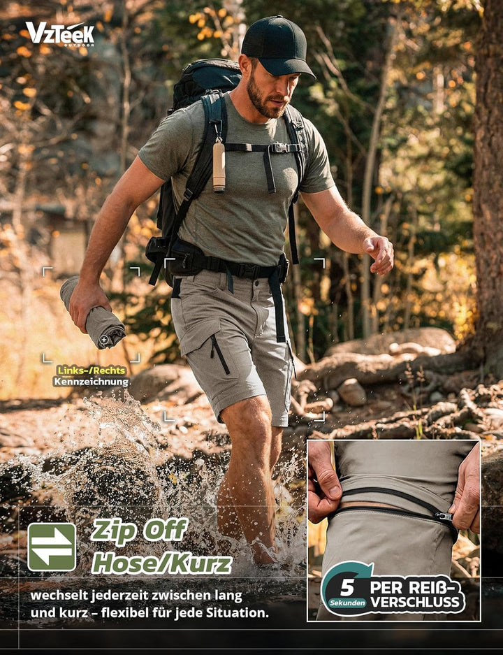Vzteek Herren Wanderhose Zip Off Trekkinghose Outdoorhose Sommer Softshell Stretch Hose Kurz für Wan