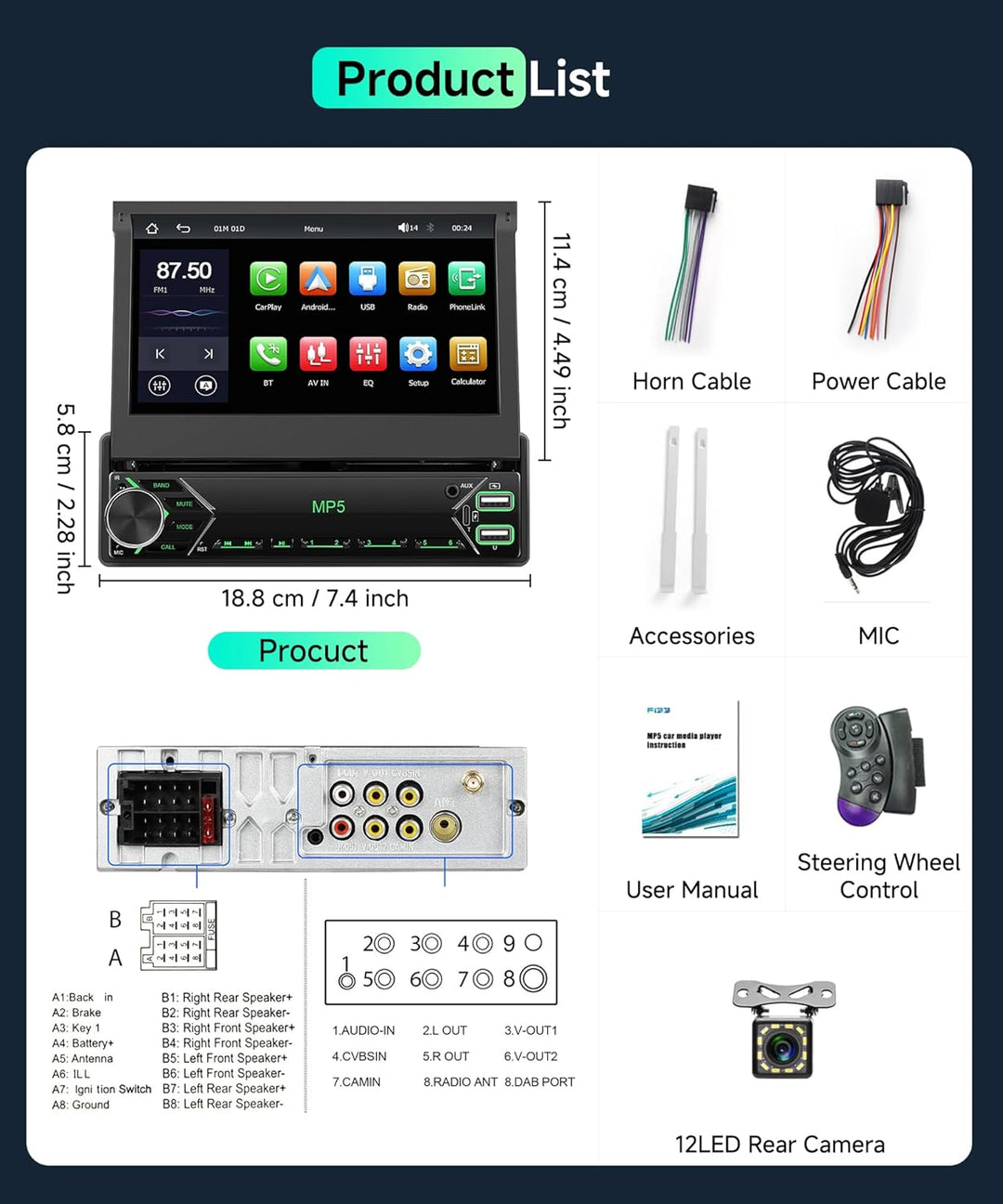 Autoradio 1 Din Carplay Android Auto Wireless mit 7 Zoll Manuell einziehbar Bildschirm,FM Radio mit
