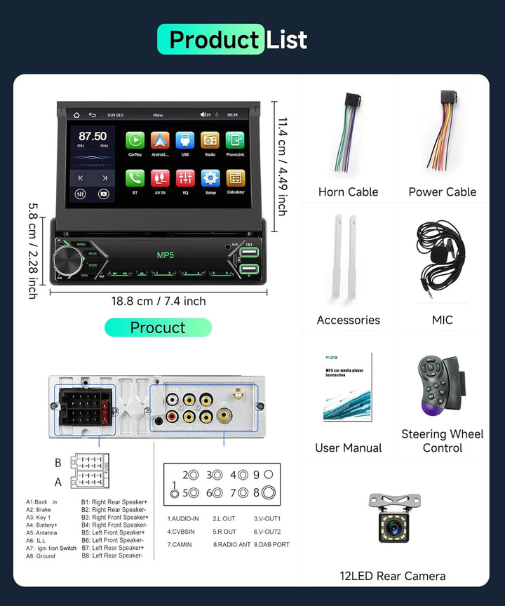 Autoradio 1 Din Carplay Android Auto Wireless mit 7 Zoll Manuell einziehbar Bildschirm,FM Radio mit