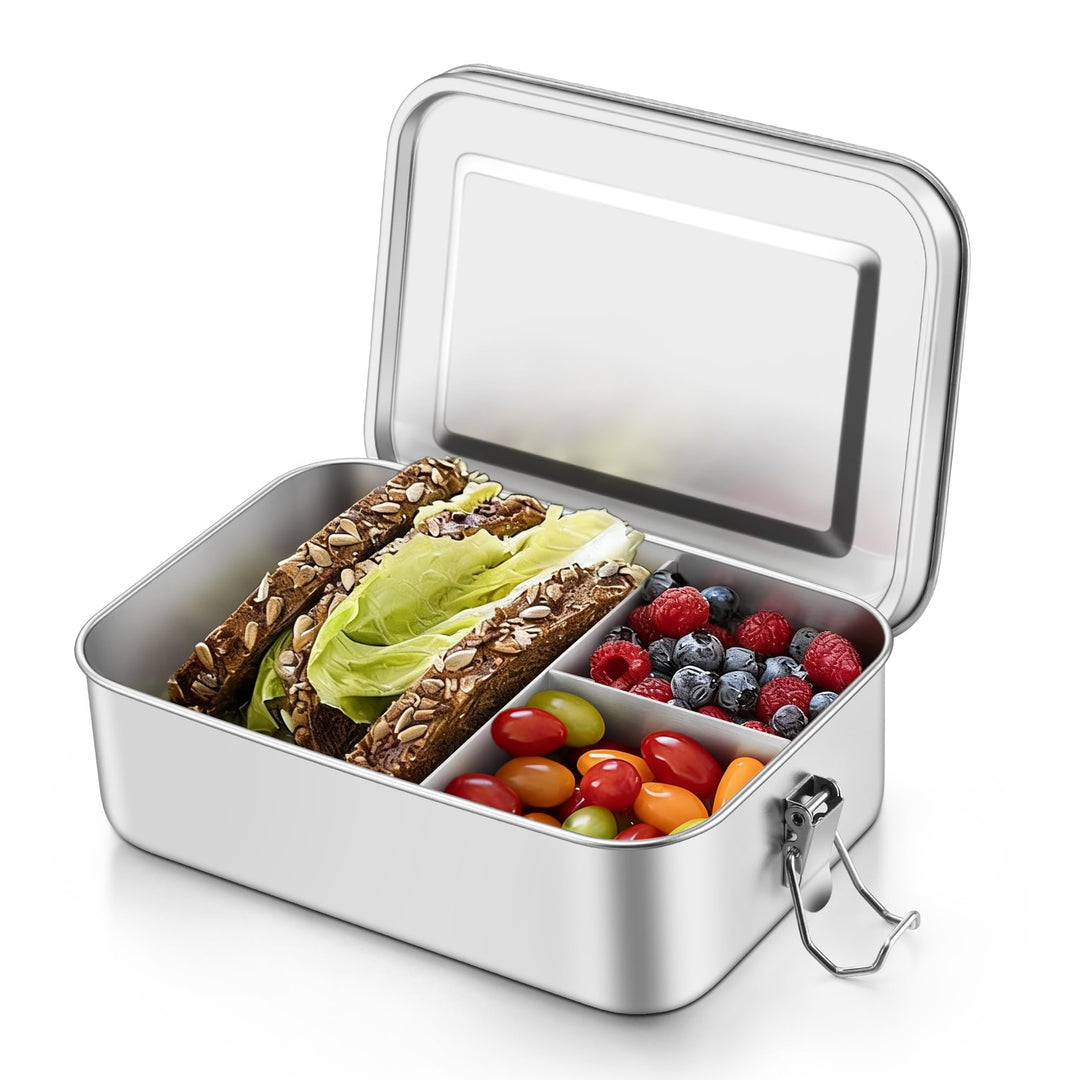 Onader Edelstahl Brotdose mit Fächern, 2400ml Gross Bento Box Lunchbox mit Abnehmbar Trennwand, Meta