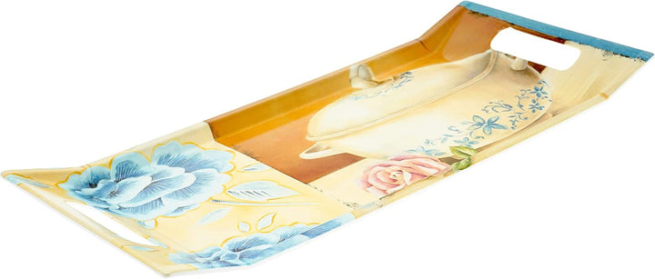 Lashuma Küchentablett 41x19 cm mit Griffen, weiss blaues Melamin Teetablett, Design: Kochtopf 41 x 1