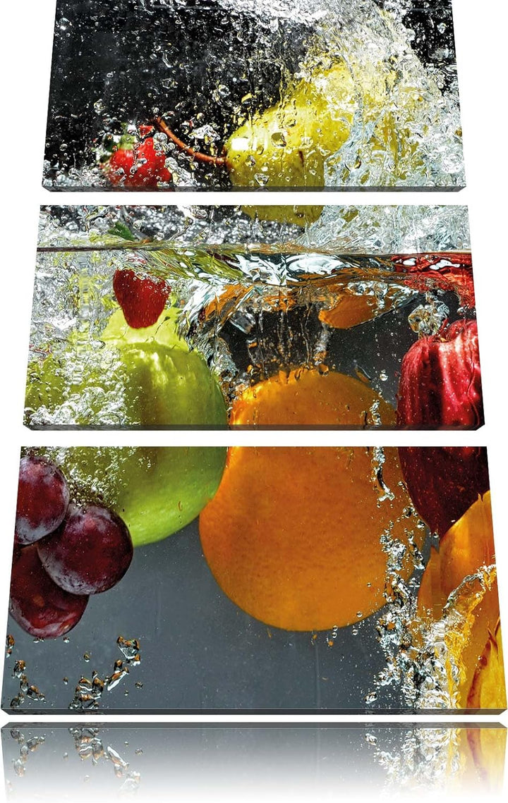 Pixxprint Früchte Fallen ins Wasser als Leinwandbild - Grösse: 3-Teilig (120x80cm) - Wandbild - Kuns