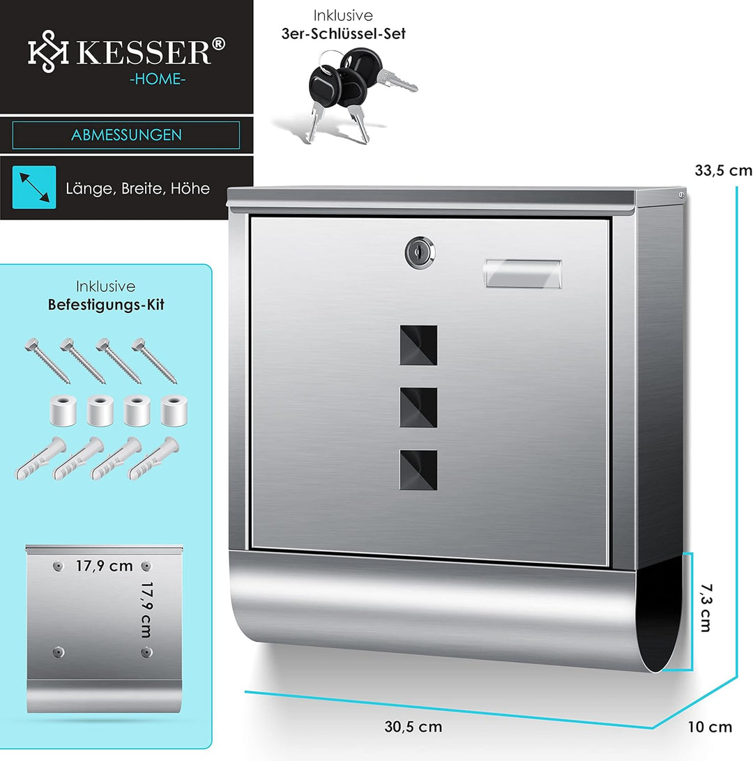 KESSER® Briefkasten Edelstahl mit Zeitungsfach Namensschild, Sichtfenster, gebürstet, 3X Schlüssel a