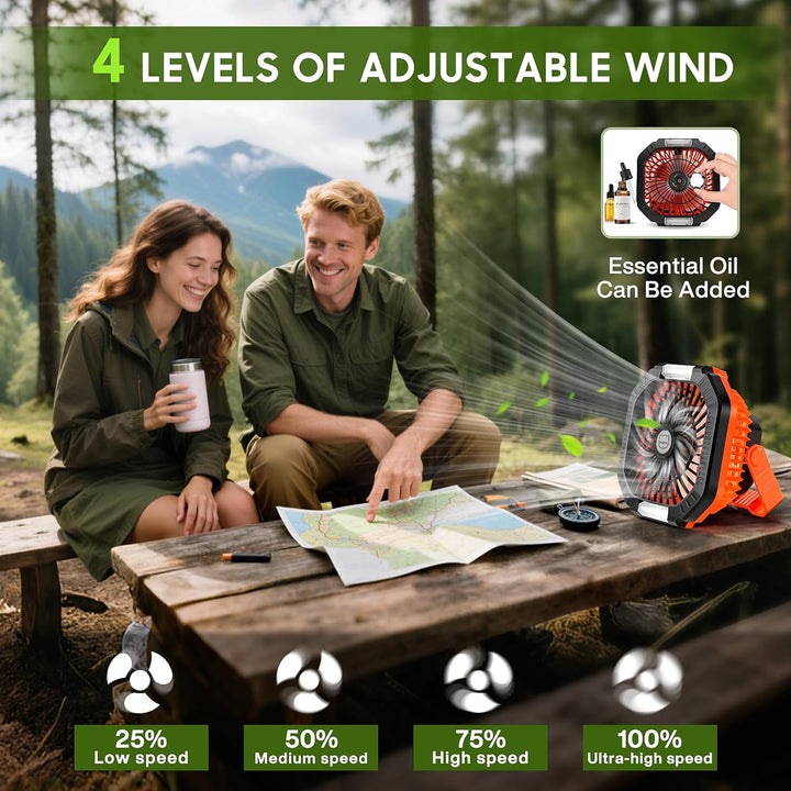 MIAOKE Camping Ventilator, 10400mAh Tischventilator,USB Ventilator Akku mit Licht,Haken,Paracord-Arm