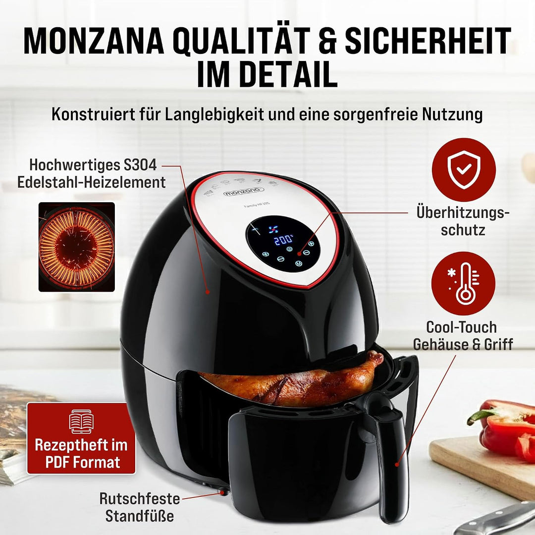 Monzana Heissluftfritteuse 6,5 L XXL Digitales LED Touch-Display Timer Temperatureinstellung mit Rez