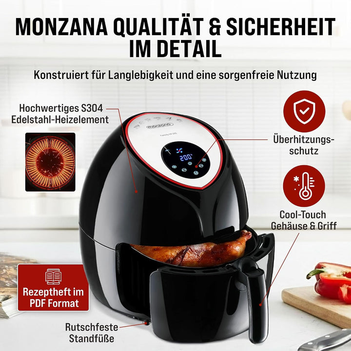 Monzana Heissluftfritteuse 6,5 L XXL Digitales LED Touch-Display Timer Temperatureinstellung mit Rez