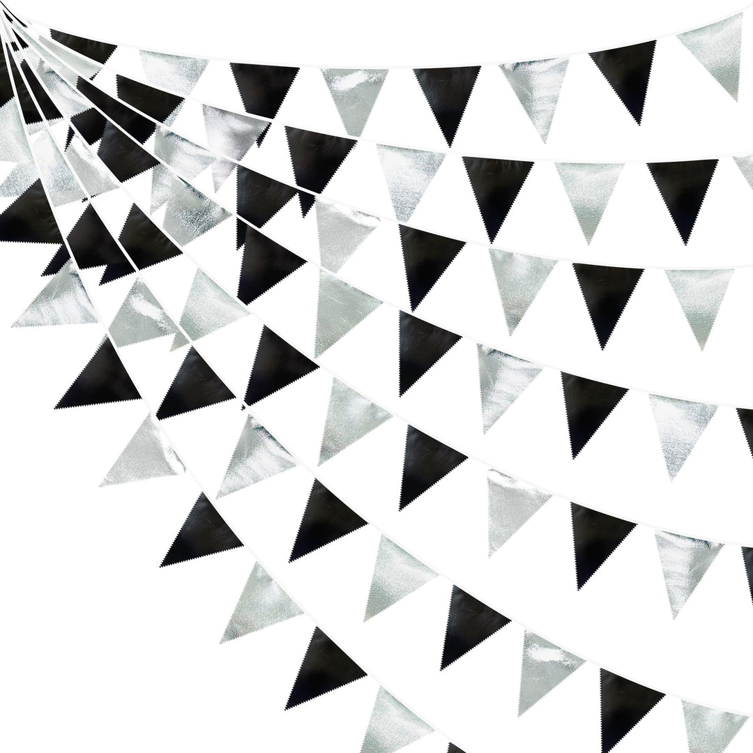 32Ft Schwarze und Silberne Partydekorationen Dreieckiges Wimpelbanner aus Metallischem Stoff Girland