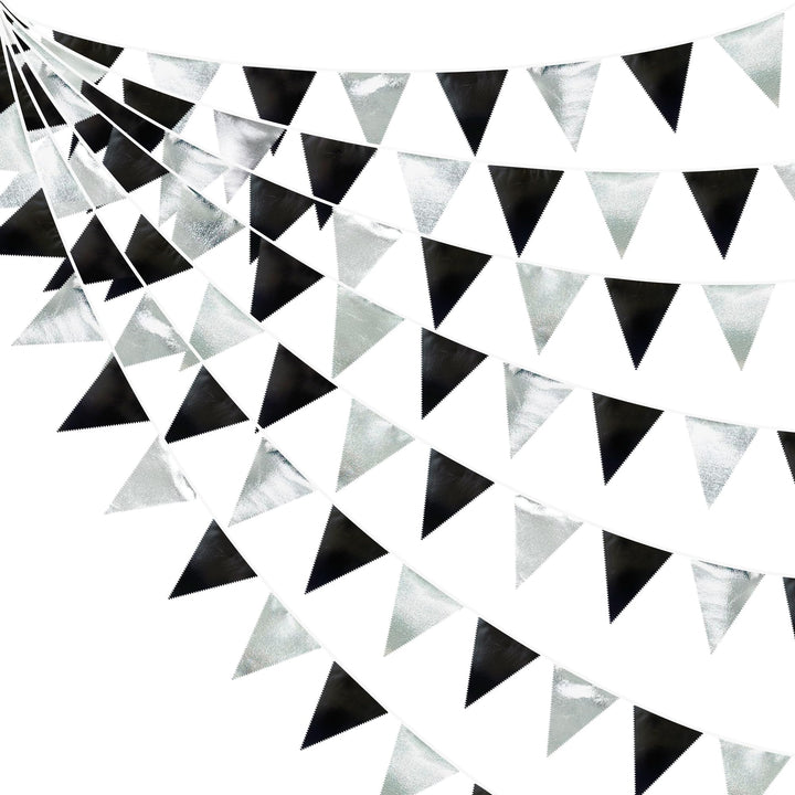 32Ft Schwarze und Silberne Partydekorationen Dreieckiges Wimpelbanner aus Metallischem Stoff Girland
