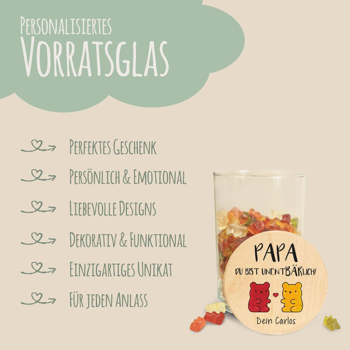 GRAVURZEILE Vorratsglas mit bedrucktem Holzdeckel - UnentBÄRlich Papa - Personalisiert mit Name - Ke