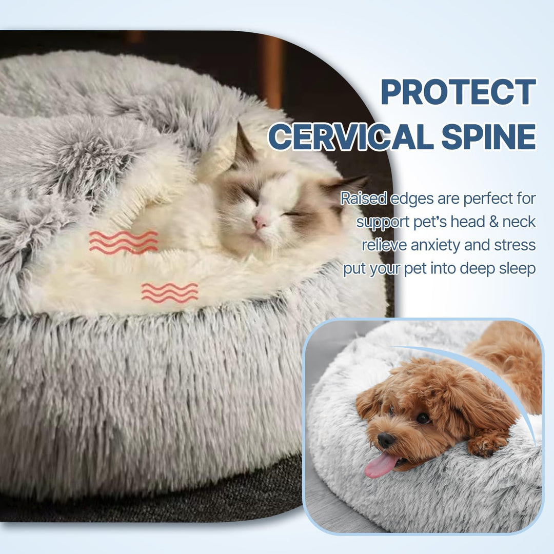 SUOXU Beruhigendes Bett für Katzen und Kleine Hunde, Katzenbett Waschbar Haustierbett,50 cm Donut Fl
