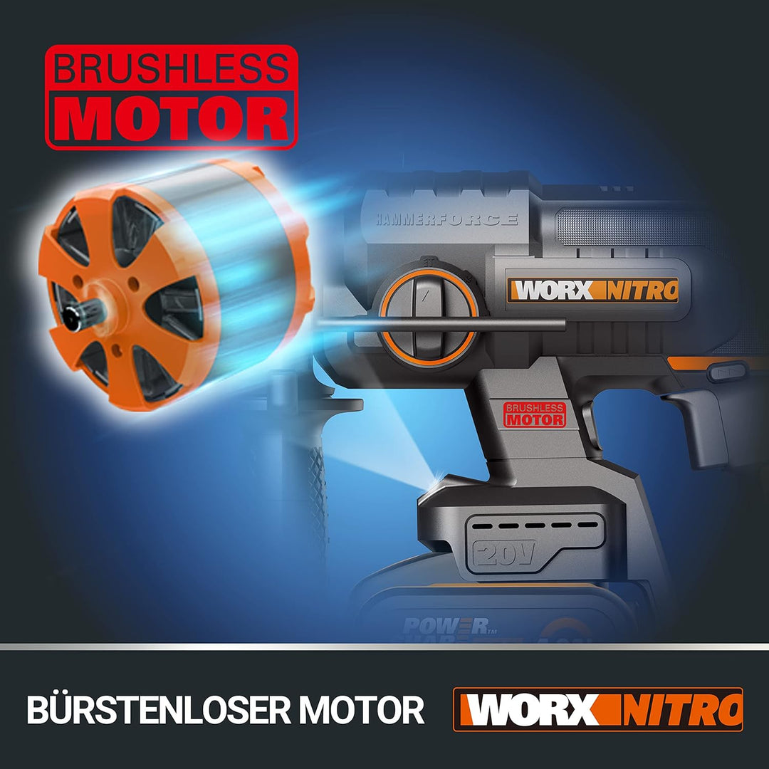 WORX NITRO WX381 Akku Bohrhammer 20V- bürstenloser Motor - multifunktionales Werkzeug zum Bohren, Ha