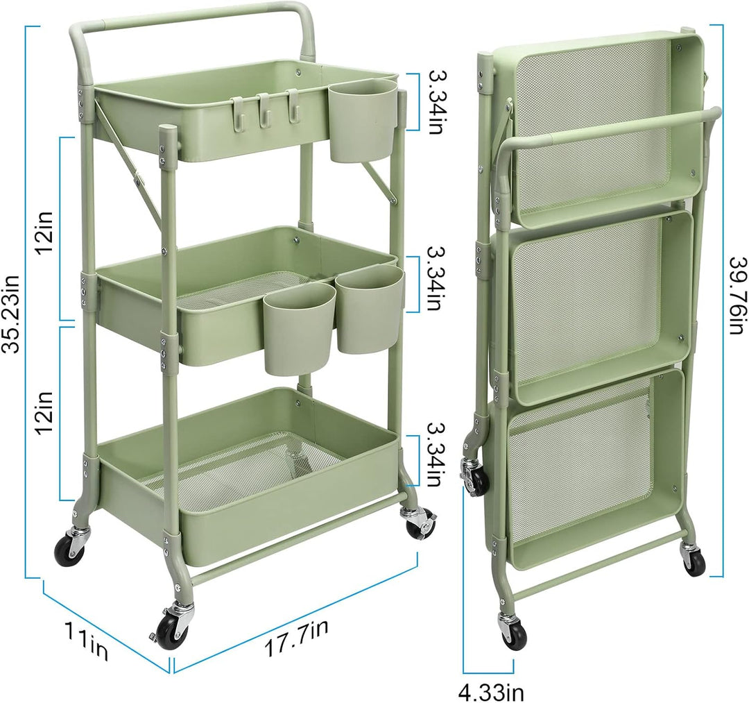 Shrivee 3-Tier Küchenwagen, Servierwagen, Faltbarer Metallwagen, Regal auf Rädern, Regal, Organizer,