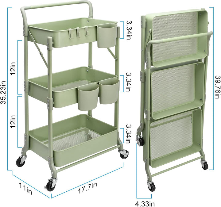 Shrivee 3-Tier Küchenwagen, Servierwagen, Faltbarer Metallwagen, Regal auf Rädern, Regal, Organizer,