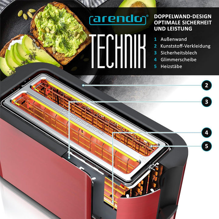 Arendo - Toaster Edelstahl Langschlitz 4 Scheiben - Doppelwandgehäuse - Integrierter Brötchenhalter