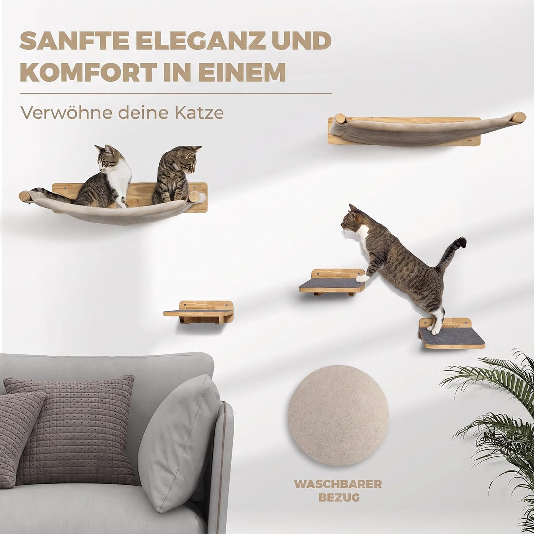 WOOWOOD® Kletterwand Katzen inkl. 2X Katzentreppe Wand [Massivholz] I Kratzbaum Wand I Hängematte Ka