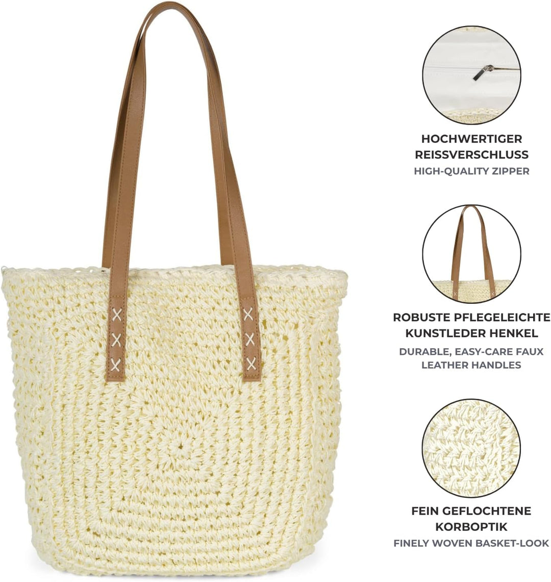 styleBREAKER Damen Papierstroh Schultertasche mit langen Henkeln, Strandtasche, Korbtasche, Flechtta