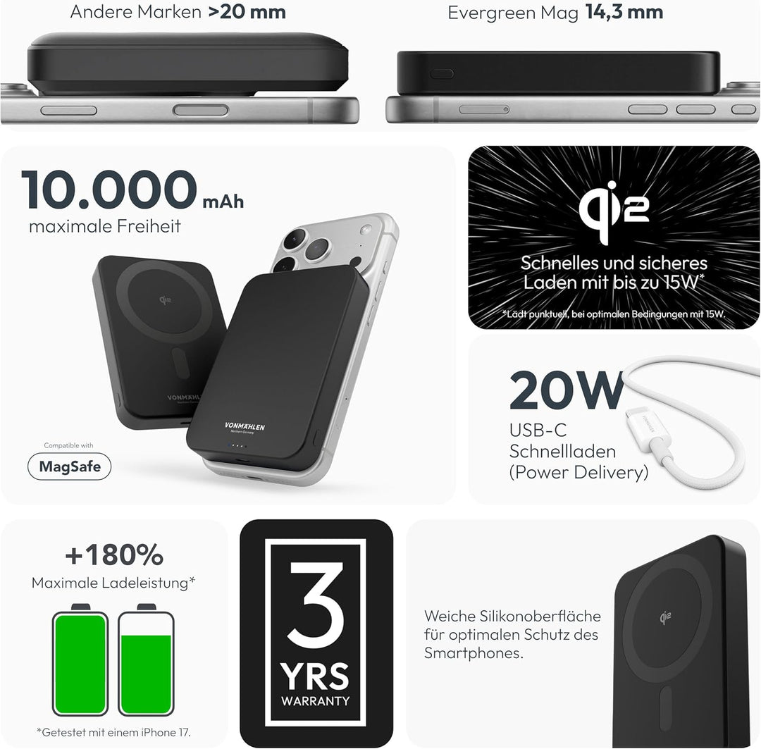 VONMÄHLEN Evergreen Mag 10.000 mAh Qi2-Powerbank – kabelloses Laden mit 15W, kompatibel mit MagSafe,