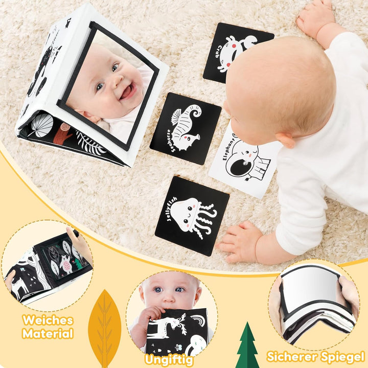 URMYWO Kontrastkarten Baby, Schwarz Weiss Doppelseitig Baby Stoffbuch, Kontrastbuch für Neugeborene