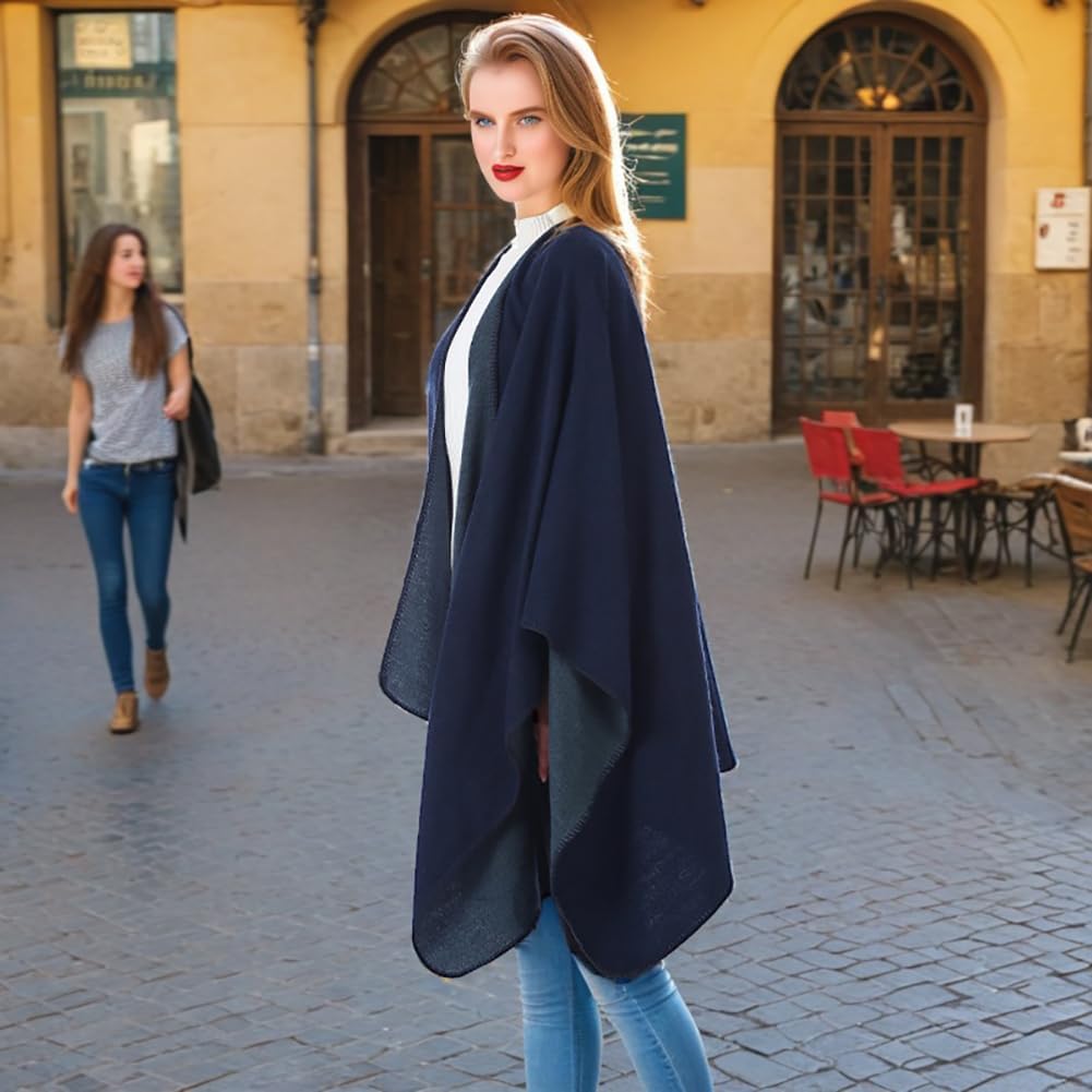 Shmily Girl - Damen Poncho Habe Gestrickt Überdimensionalen Decke Kap-Schal Navy Blue 2, Navy Blue 2