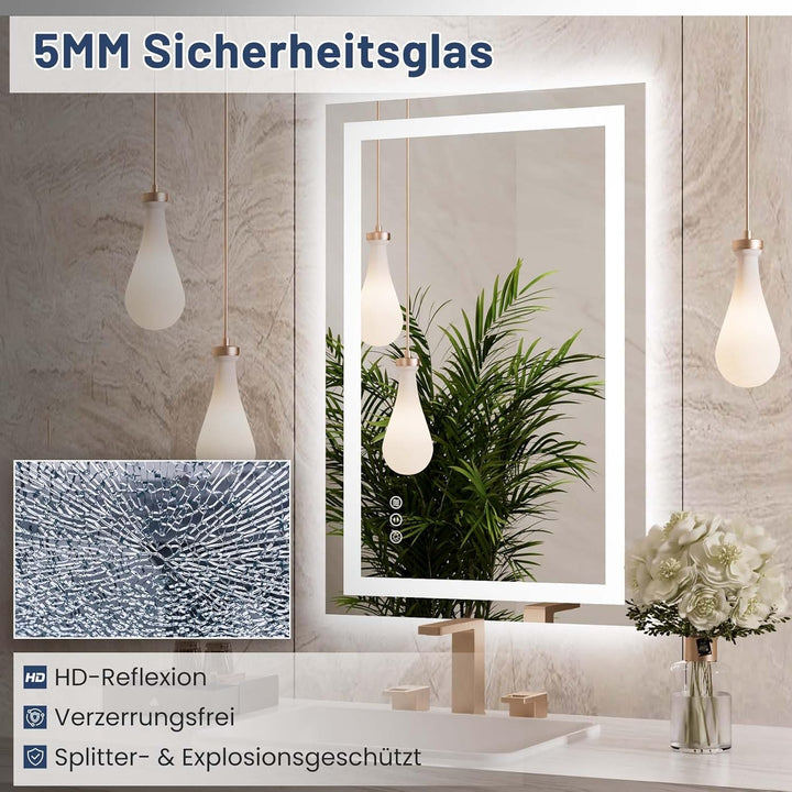 WEER Badezimmerspiegel mit LED-Leuchten, 60 x 90 cm Wandmontierter Kosmetikspiegel, 3 Farben Dimmbar