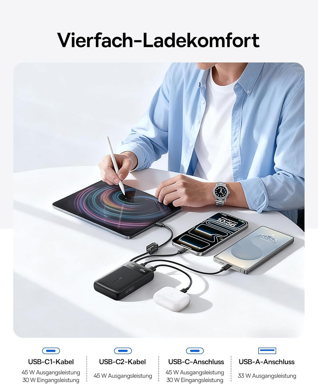 Baseus FC11 Powerbank 45W 20000mAh mit 2 Integriertem USB-C Kabel, Power Bank Klein CCC Zertifizieru