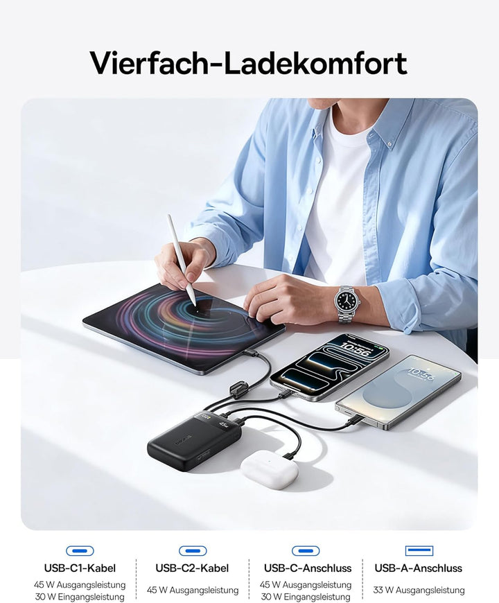 Baseus FC11 Powerbank 45W 20000mAh mit 2 Integriertem USB-C Kabel, Power Bank Klein CCC Zertifizieru