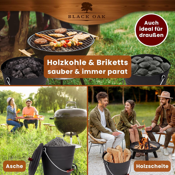 BLACK OAK Ascheeimer KATLA 15L – schwarz Deckel mit Holzknopf - gross 15 Liter - Stahl feuerfest ver
