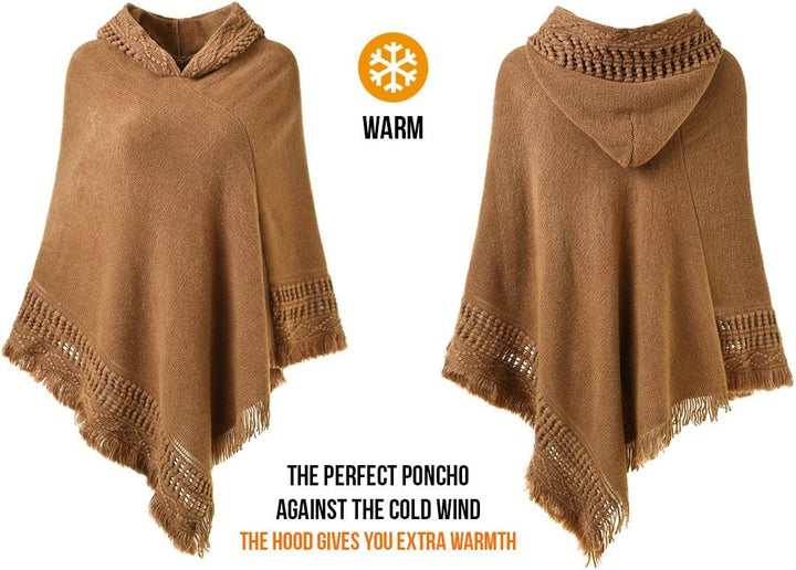 Ferand Damen Poncho mit Kapuze und gehäkeltem Cape mit Fransensaum für Herbst Winter Einheitsgrösse