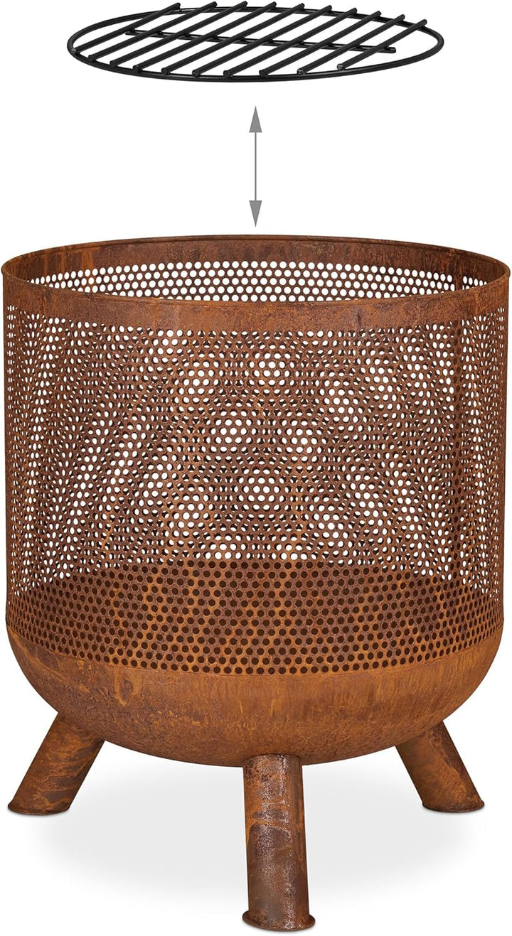 Relaxdays Feuerkorb, Mesh Design, Rostoptik, Feuerrost, Schürhaken, HxD: 53 x 44 cm, Garten Feuerton