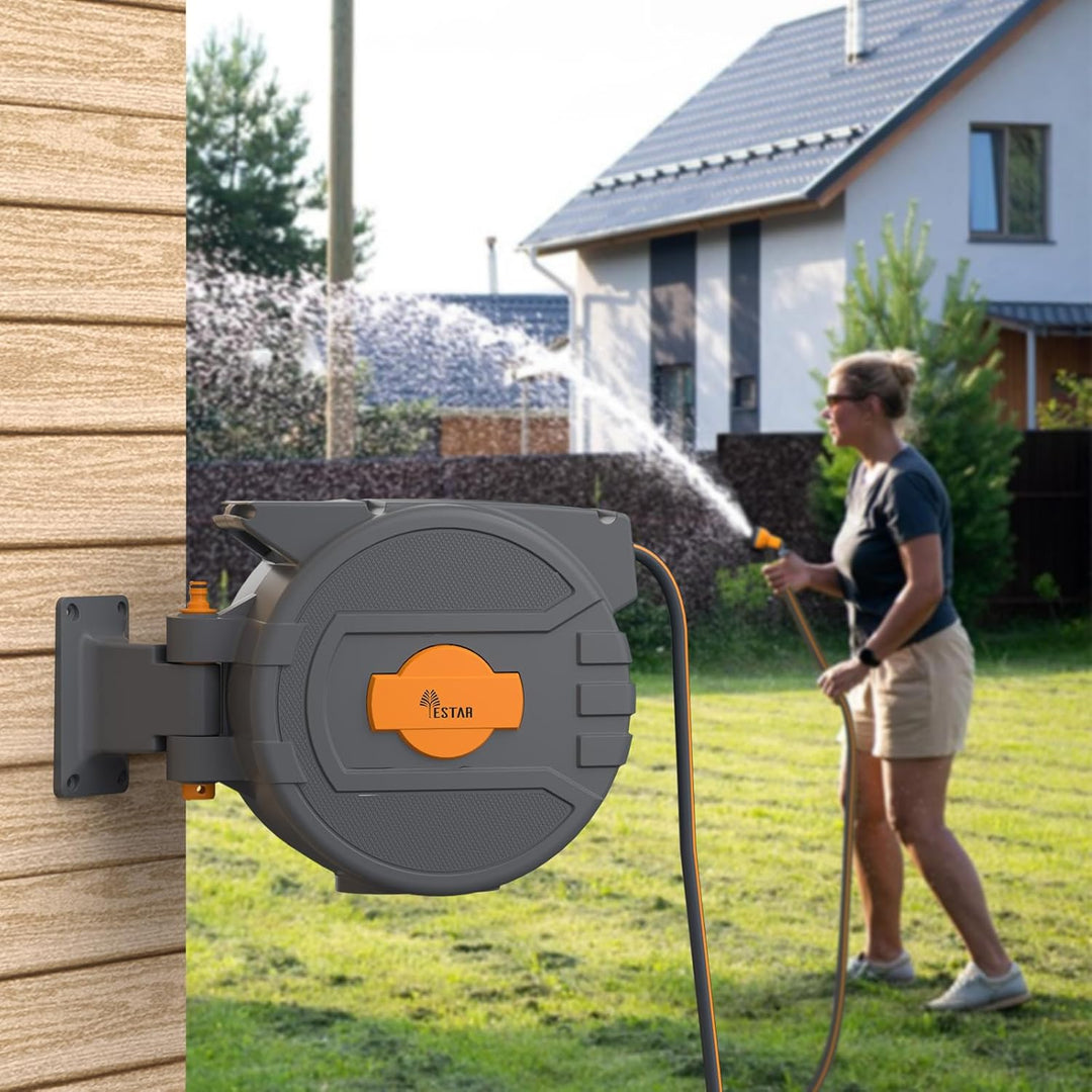 Schlauchtrommel 25m+2m, Schlauchaufroller mit Aufroll-Automatik & 180° Schwenkbar, Wand-Schlauchbox