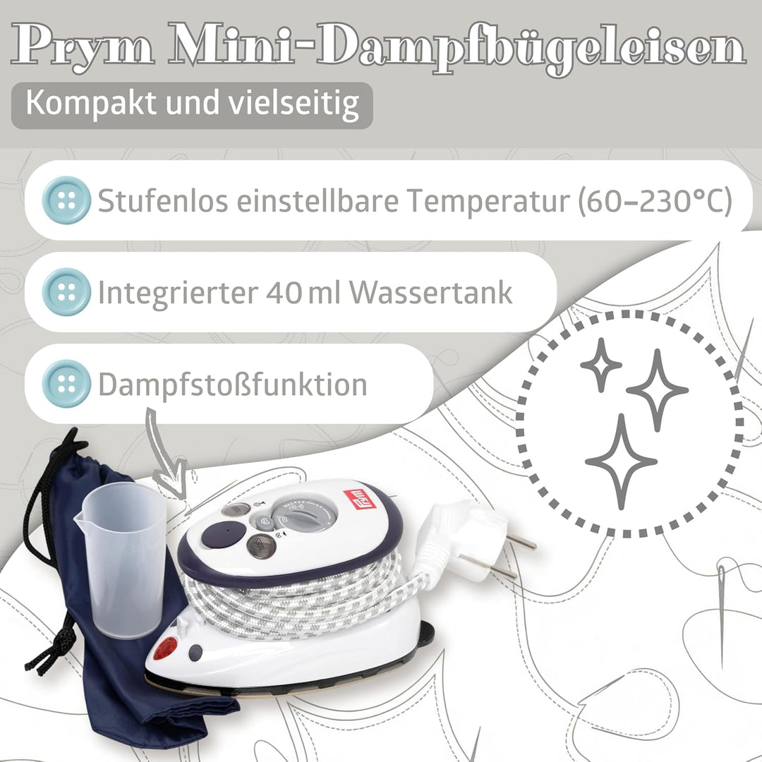 Semplix Bügelset 4-teilig mit Prym Mini-Dampfbügeleisen – Diamond Design mit Bügelunterlage, Silikon