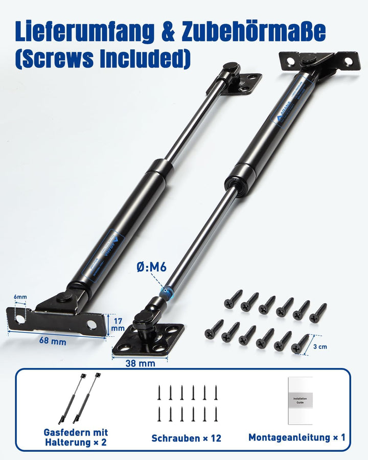 ARANA Gasdruckfeder 508 mm, 298 N, 2er-Pack; Gasdruckdämpfer, Gasfeder Dämpfer, geeignet für Schrank