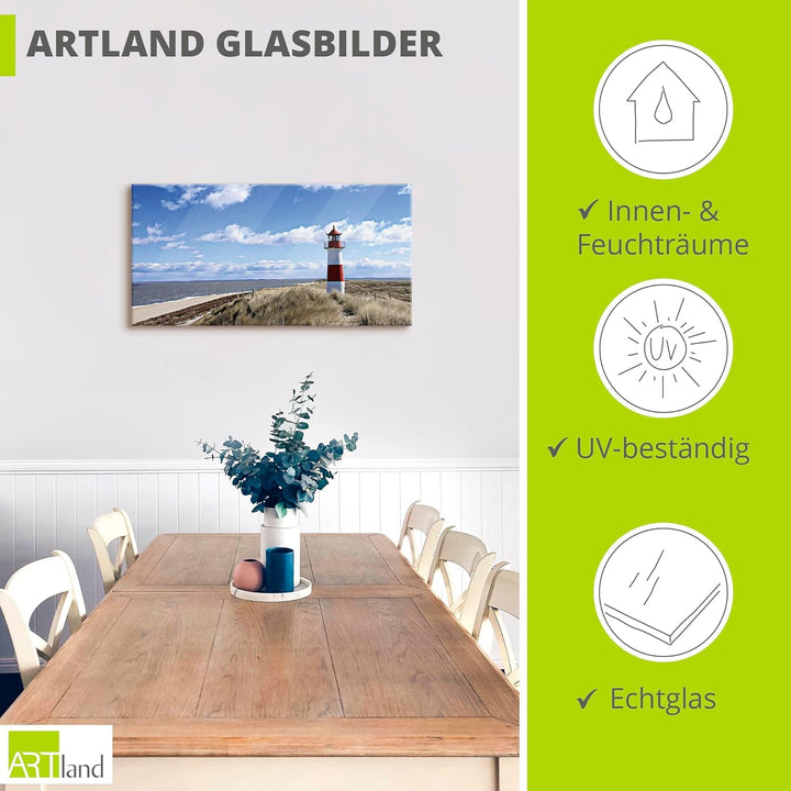 ARTland Glasbilder Wandbild Glas Bild einteilig 60x30 cm Querformat Strand Meer Nordsee Leuchtturm S