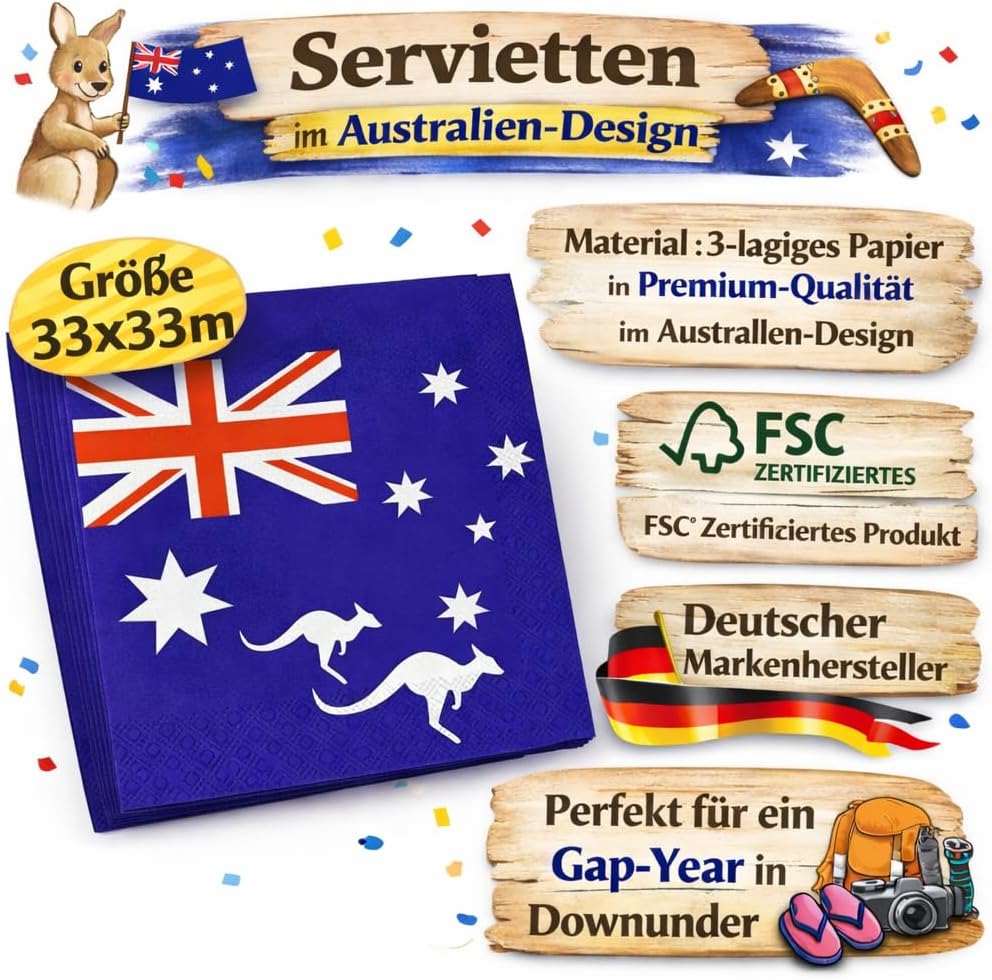 DH-Konzept/CARPETA 37-TLG. Party-Set * AUSTRALIEN * mit Pappteller + Servietten + Pappbecher + Lufts