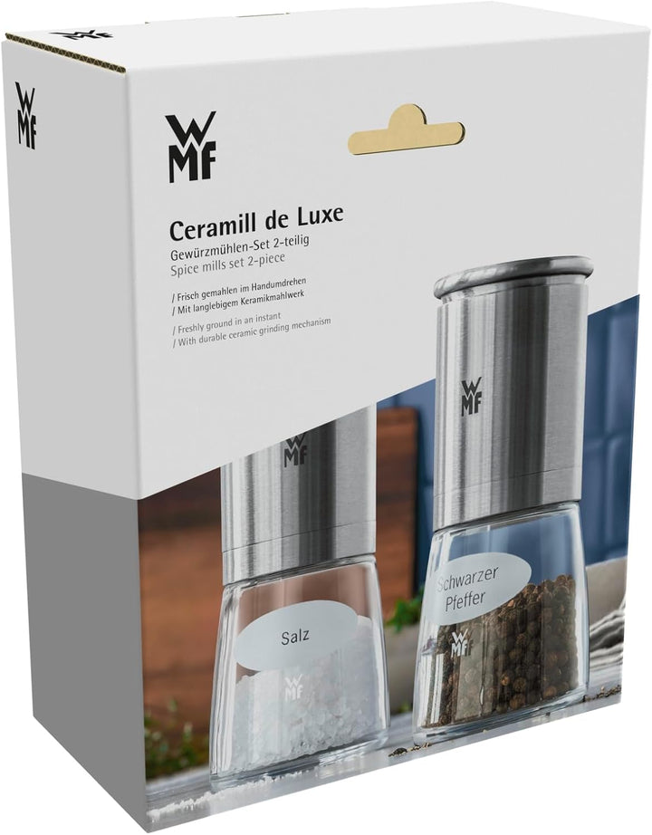 WMF De Luxe Salz und Pfeffermühle Set 2-teilig, befüllt, Cromargan Edelstahl, Glas, Keramikmahlwerk,