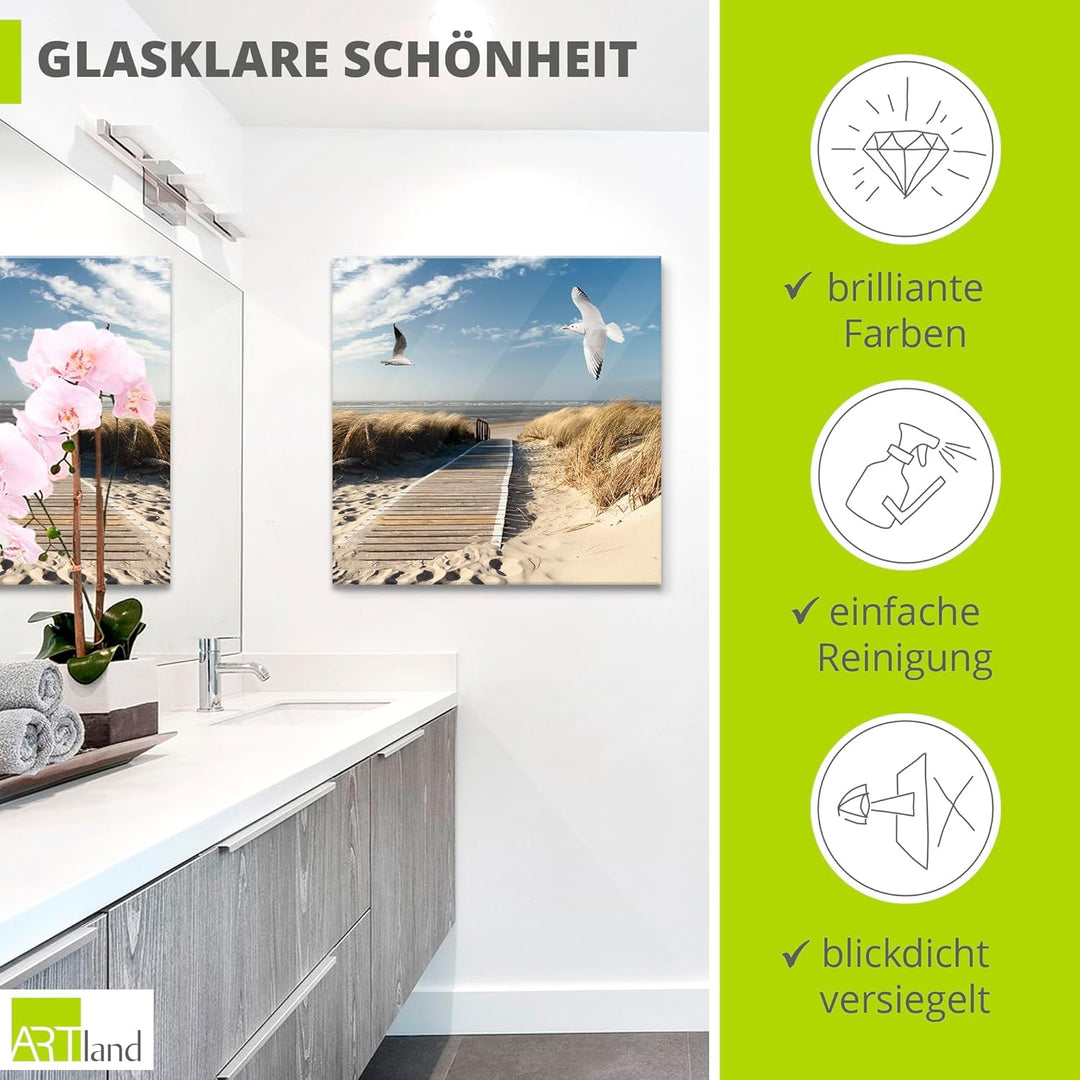 ARTland Glasbilder Wandbild Glas Bild einteilig 50x50 cm Quadratisch Strand Meer Nordsee Küste Möwen