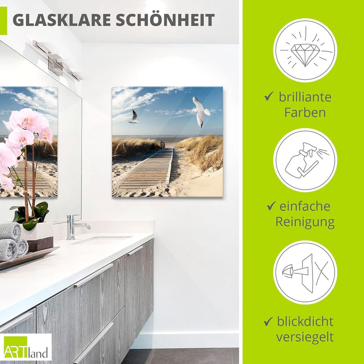 ARTland Glasbilder Wandbild Glas Bild einteilig 50x50 cm Quadratisch Strand Meer Nordsee Küste Möwen