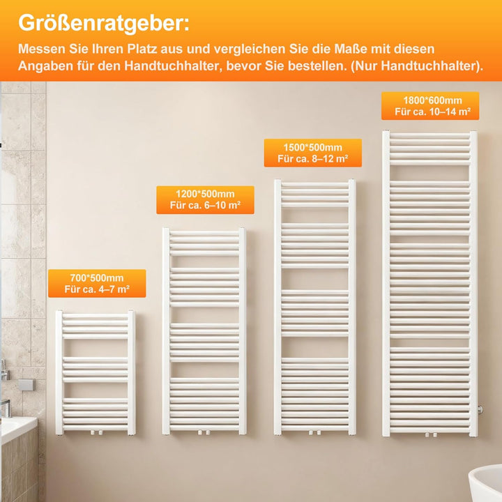 YEAUPE PRO Radiator für Warmwasseranlagen mit Handtuchhalter, Stahlkonstruktion, 1500 x 500 mm, Weis