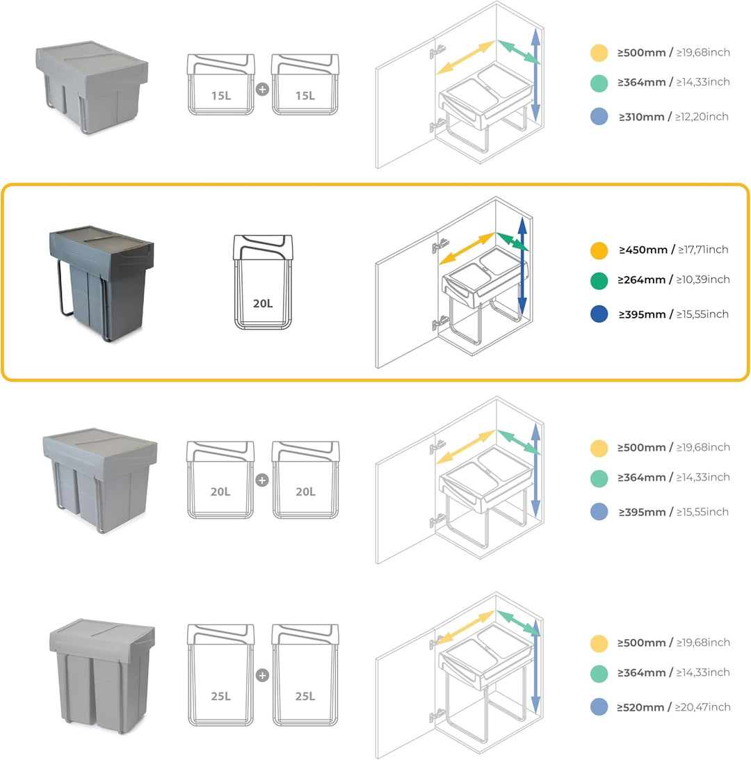 Emuca - Küchenabfalleimer mit unterseitiger Befestigung, ausziehbarer Recycle-Mülleimer, 1x20 L, Sta