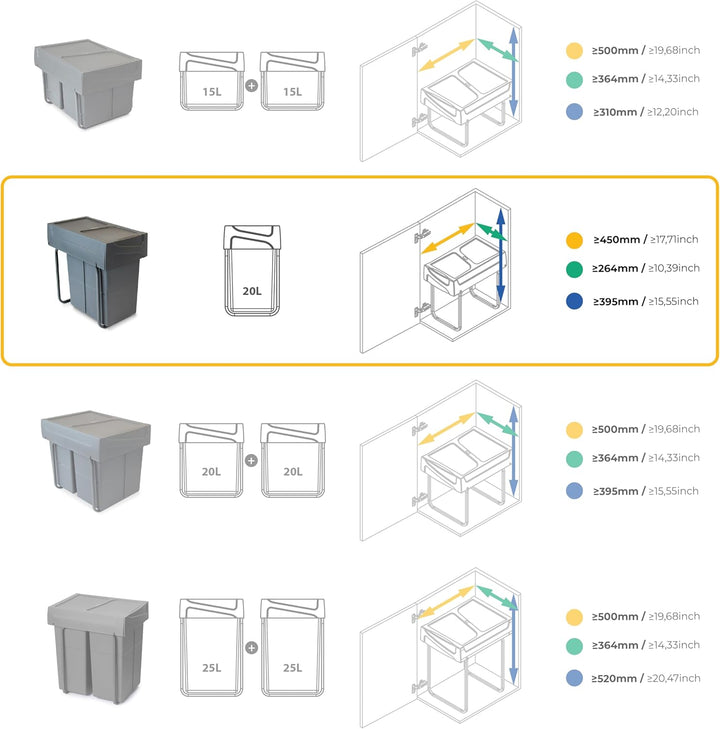 Emuca - Küchenabfalleimer mit unterseitiger Befestigung, ausziehbarer Recycle-Mülleimer, 1x20 L, Sta