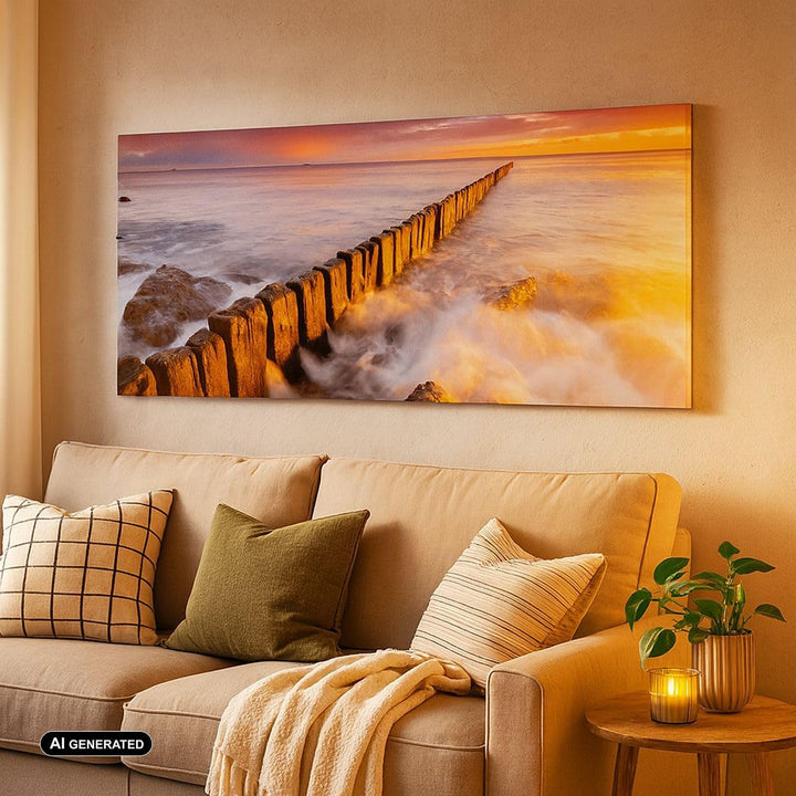 Wandbilder Dekoration Wohnzimmer Boot Landschaft Meer Ostsee Panorama Bilder auf Leinwand 120x50cm L