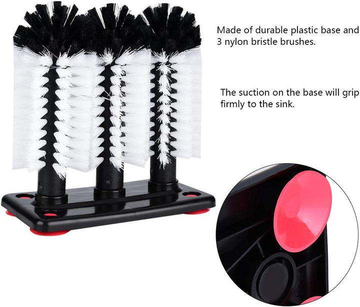 Dreifach-Glasbecher-Waschbürsten, 3 Bürsten Bar Glasbecher-Waschmaschine für Spüle mit Saugnapf-Basi
