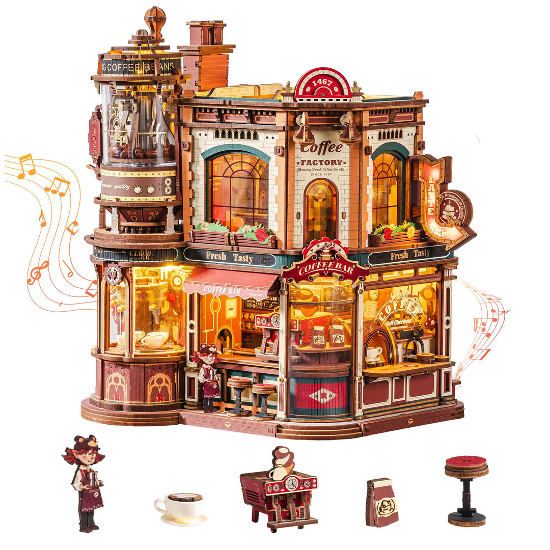 ROKR Dream Coffee Factory EAB02 DIY Miniatur Puppenhaus Spieluhr für Erwachsene, Mechanisches Kaffee
