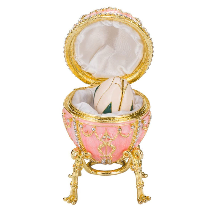 Fabergé-Stil Ei/Schmuckkästchen Rosenknospe mit Blume 9,5 cm rosa
