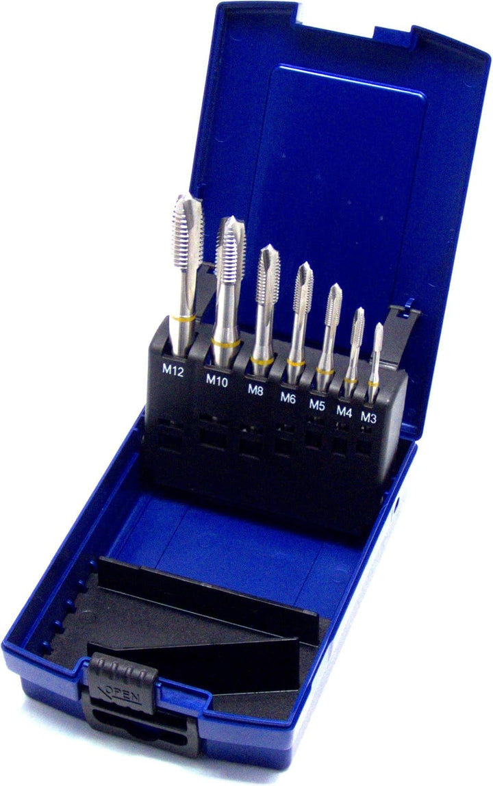 Maschinengewindebohrer Set 7-teilig M3 - M12 HSSE-Co5 DIN 371 Durchgangsloch Gelbring in Rosebox mit