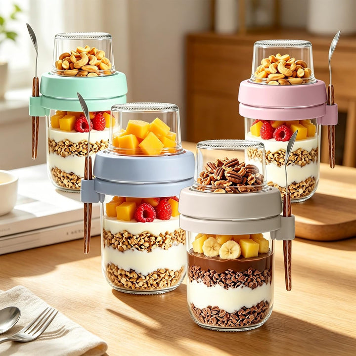 Müslibecher to Go, 480ml+120ml Overnight Oats Gläser, Doppelschicht Joghurtbecher Mit Edelstahlöffel