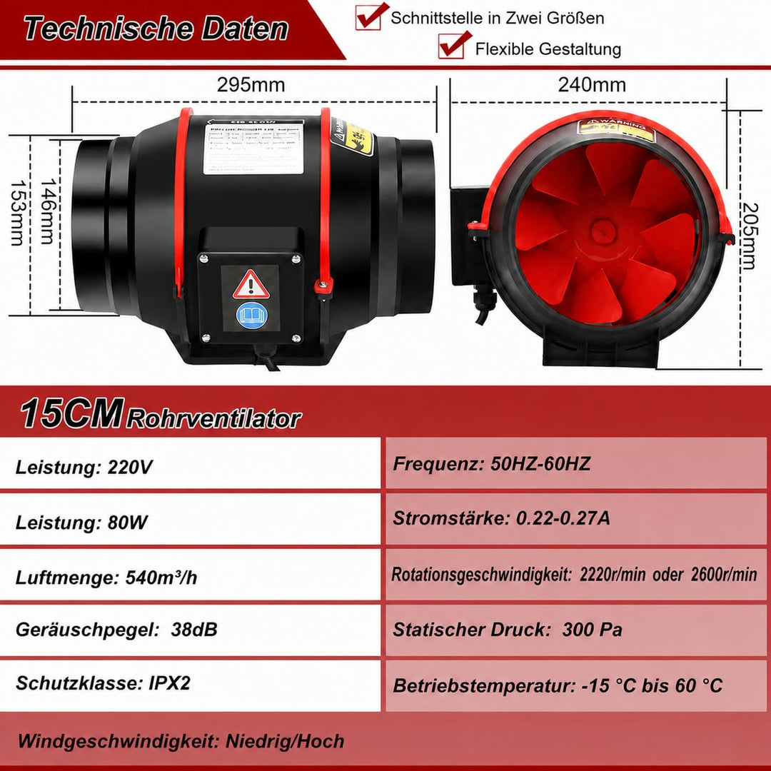 Rohrventilator mit Fernbedienung, 80W, 540 m³/h, Rohrlüfter Ø150 mm 150mm, 150mm